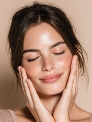 Hands lightly touching the face on both sides, conveying a moment of personal relaxation, suitable for advertising serum or relaxation products.