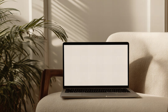 white laptop display on sofa in modern living room