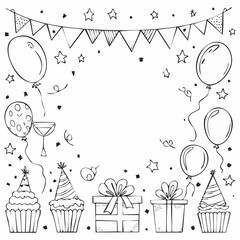 Vector set of outline party doodles. Hand drawn birthday, anniversary, carnival, festival decor. Balloons, cupcakes, gift boxes, glasses, buntnting garland illustrations in freehand style