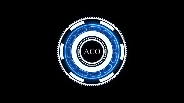 A ACO concept button on a futuristic. high performance. network icon. monitoring and evaluation. advanced HUD circle platform luxurious wave particles flows background.