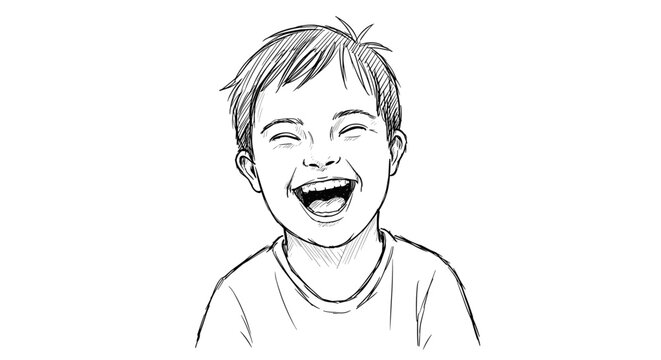 Boy with Down syndrome joyfully laughing, white background, copy space - Powered by Adobe