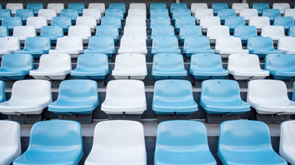 Naklejka premium Empty stadium seats alternating blue and white colors create visually appealing pattern. arrangement showcases modern design, ideal for sports
