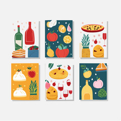 Set of abstract food posters with fruits, vegetables, cake, wine, pizza illustrations. Contemporary art prints in colorful trendy style. Dinner party wall art. Vector graphic