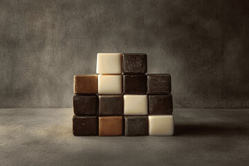 Elegant arrangement of dark, milk, and white chocolate squares on neutral textured surface with soft natural lighting