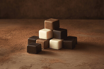 Elegant arrangement of dark, milk, and white chocolate squares on neutral textured surface with soft natural lighting