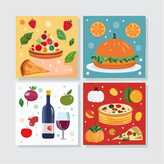 Set of abstract food posters with fruits, vegetables, cake, wine, pizza illustrations. Contemporary art prints in colorful trendy style. Dinner party wall art. Vector graphic