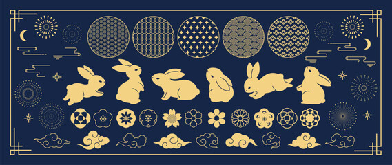 Mid Autumn Festival gold elements vector set. collection of cute rabbit, cloud, cherry blossom, firework, moon, pattern. Design for packaging, product, card, poster, ads.