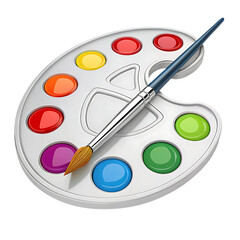 Colorful artist paint palette with paintbrush art supplies for creative painting and drawing projects isolated on white background