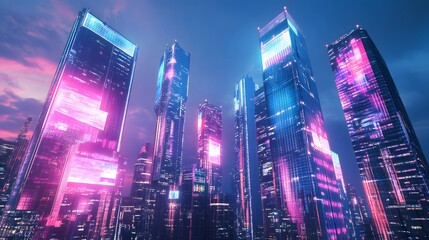 Neon Skyline: A futuristic cityscape illuminated with vibrant neon lights under a dusk sky, showcasing modern architecture and innovation.