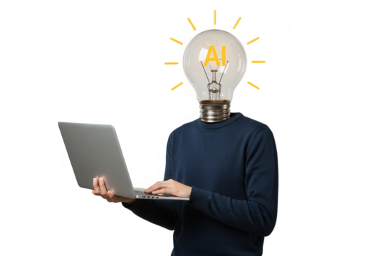A person with a lightbulb head representing ai is using a laptop on white isolated on transparent background