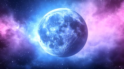 Glowing Moon with Vibrant Pink and Blue Nebula Backdrop in Space