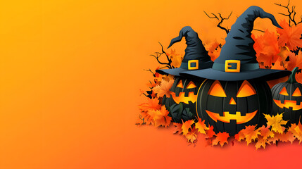 Halloween Jack-o'-Lanterns with Witch Hats Surrounded by Autumn Leaves
