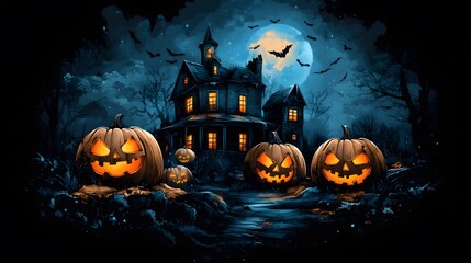 A mysterious Halloween night featuring glowing jack-o'-lanterns in front of a haunted house under a moonlit sky.