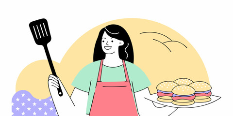 Smiling woman in apron holding a spatula and burgers, perfect for culinary designs and promoting grilling or catering events.
