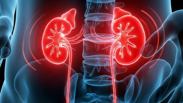 Kidney Pain Animation: 3D Rendering of Human Kidneys and Urinary Tract with Red Pain Waves Radiating from the Infected Area (Medical Visualization)