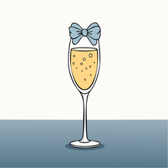 Line art champaign glass with bow. Coquette outline illustration of cocktail drink. Hand drawn doodle bar element. Vector graphic