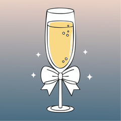 Line art champaign glass with bow. Coquette outline illustration of cocktail drink. Hand drawn doodle bar element. Vector graphic