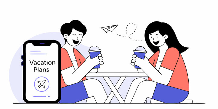 Young couple planning vacation, looking at a smartphone application while enjoying drinks and daydreaming of travel, a getaway concept.