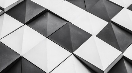 Abstract geometric pattern of black and white cubes and triangles creating a modern design