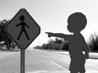 Black and White Illustration of a Kid Giving Directions with a Signpost
