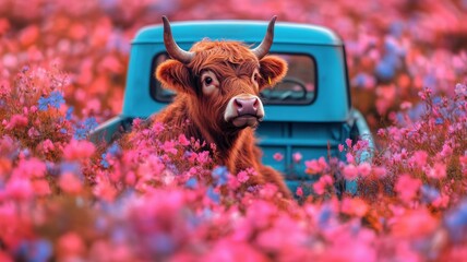 Unique Animal Portrait: Highland Cow Relaxing Among Vibrant Pink and Blue Flowers