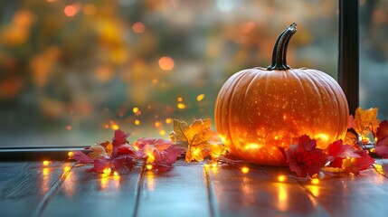 Glowing Pumpkin with Vibrant Autumn Leaves and String Lights Decor