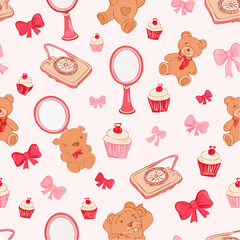 Seamless vector banner with coquette girly elements in pink and red color. Vintage mirror, cake, bear, telephone, bows in hand drawn style on background. Pattern with cute romantic accessories