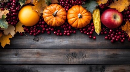 A vibrant autumn harvest scene featuring pumpkins, apples, corn, and cranberries arranged against a rustic wooden surface with colorful fall leaves.