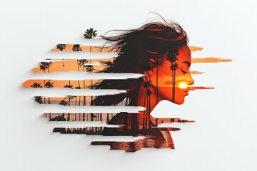 Serene Mindscape: Palm Trees and Setting Sun within a Female Silhouette