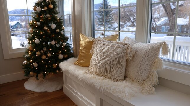 Cozy window seat with cushions beside a decorated Christmas tree, warm indoor holiday setting.