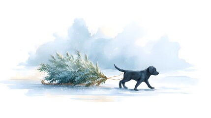 Black dog dragging Christmas tree through snowy misty forest — cozy winter moment, festive spirit, eco-themed holiday adventure