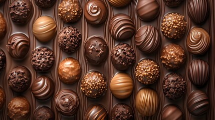 An overhead view of various chocolate truffles and candies arranged closely in an elegant pattern