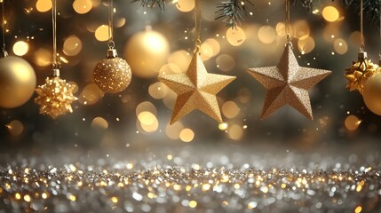 A shimmering array of golden star and spherical ornaments decoratively arranged amidst festive lights