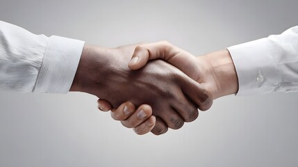 Close-up image of business people shaking hands against grey background.
