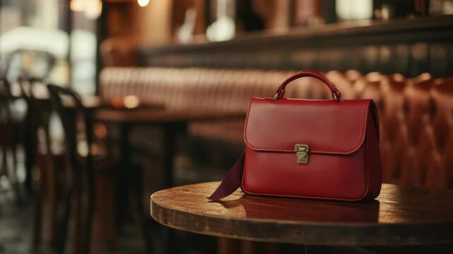 A red purse is on a table in a restaurant. There are chairs around the table