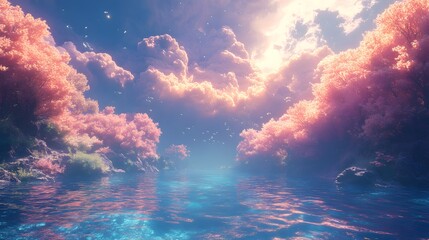 Magical Sunset Over Lush Pink Blossoms and Reflective Tranquil Water