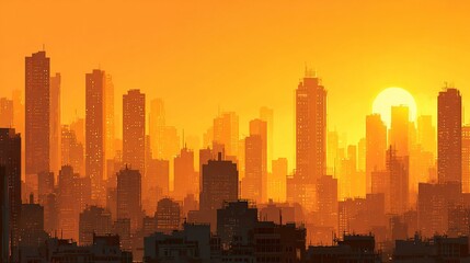 Naklejka premium A panoramic cityscape silhouette at sunset, with a large, bright sun partially obscured by tall buildings; warm orange and yellow hues dominate the scene, creating a hazy, atmospheric effect