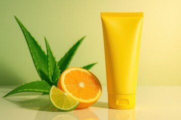 Yellow cosmetic tube with orange lime and aloe vera on light background perfect for citrus aloe skincare branding and natural summer product advertising