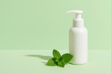 White pump bottle with mint leaves on pastel green background suitable for herbal face care ads and minimal organic cosmetic branding