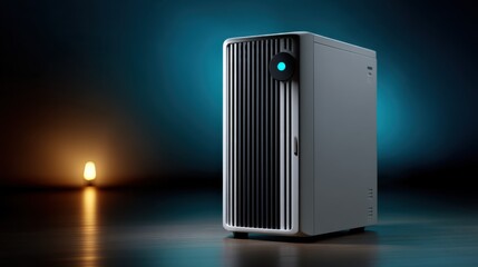 Modern desktop computer tower with vertical grille and illuminated circular indicator