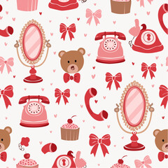 Seamless vector banner with coquette girly elements in pink and red color. Vintage mirror, cake, bear, telephone, bows in hand drawn style on background. Pattern with cute romantic accessories