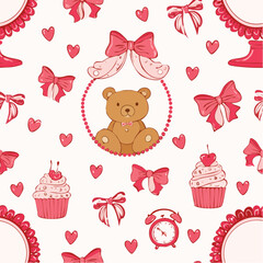 Seamless vector banner with coquette girly elements in pink and red color. Vintage mirror, cake, bear, telephone, bows in hand drawn style on background. Pattern with cute romantic accessories