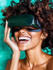 Naklejka premium Joyful Woman Experiencing Immersive Virtual Reality