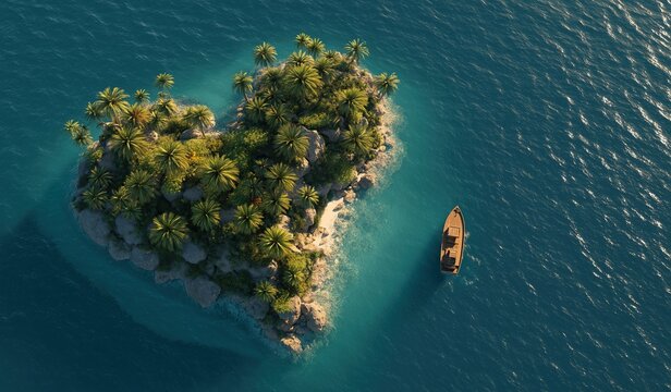 Aerial view of a tropical heart shaped island surrounded by crystal clear turquoise water with lush green palm trees and a small boat near the shore, perfect for travel and romantic concepts