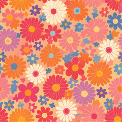 Seamless vector pattern with abstract groovy flowers. 70s, 80s psychedelic floral background. Vintage nostalgia texture for design and print