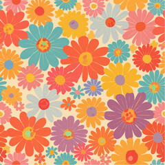 Seamless vector pattern with abstract groovy flowers. 70s, 80s psychedelic floral background. Vintage nostalgia texture for design and print