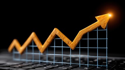 Golden upward arrow chart on grid over computer keyboard