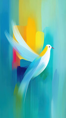 A white dove in flight, a Christian symbol of the Holy Spirit, peace, and freedom. Modern, painterly illustration against a vibrant, colorful abstract background.