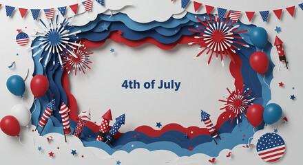Obraz premium 4th of July paper art design with fireworks, balloons and flag.