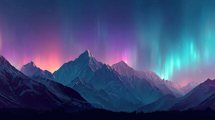 Panoramic view of a majestic mountain range at twilight, bathed in the ethereal glow of a vibrant aurora borealis displaying pink and teal hues against a starlit sky